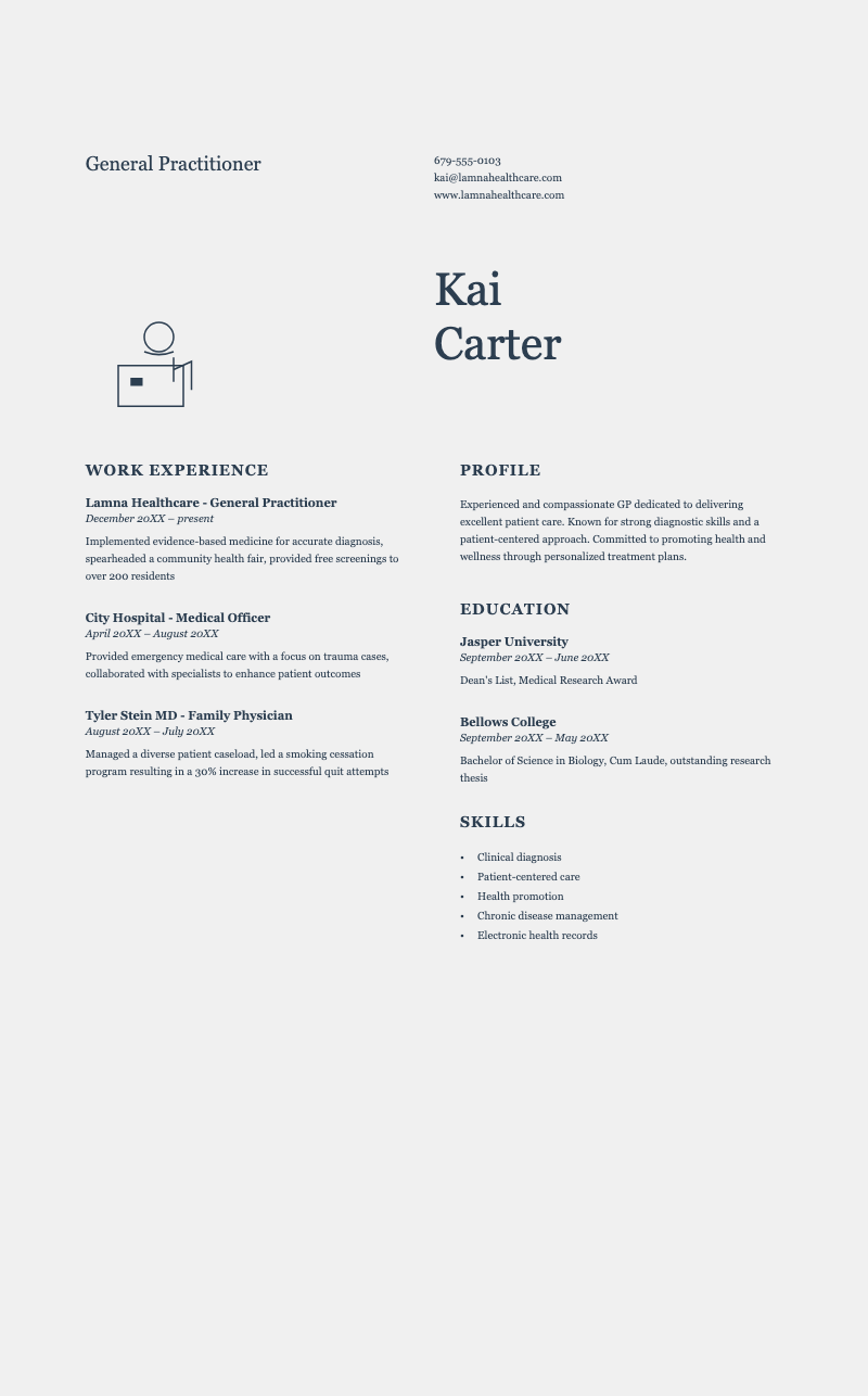Modern graphic professional resume - Elegant physician resume featuring a clean two-column layout with professional illustration, work history, education and clinical skills.